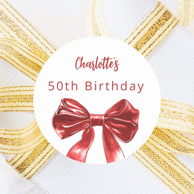 Red white bow Birthday Classic Round Sticker (Creator Uploaded)