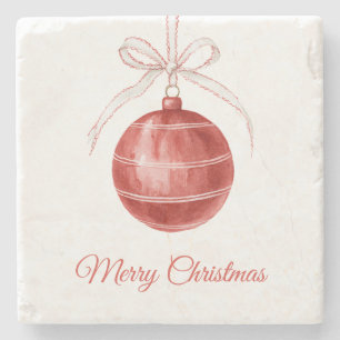 Red White Bow Ornament Christmas Stone Coaster