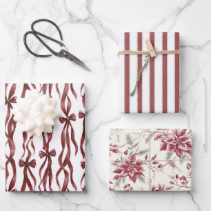 Red White Bows Floral Stripes Christmas Wrapping Paper Sheet