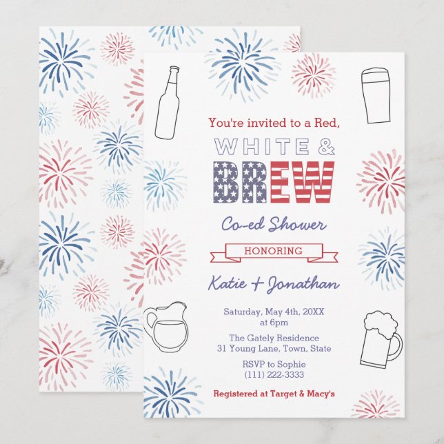 Red White & Brew Couples Wedding Shower Party Invitation (Front/Back)