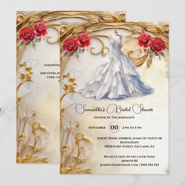Red white bridal gown roses luxurious flowers invitation (Front/Back)
