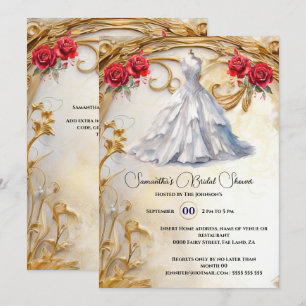 Red white bridal gown roses luxurious flowers invitation