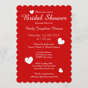 Red & white bridal shower invitations with hearts