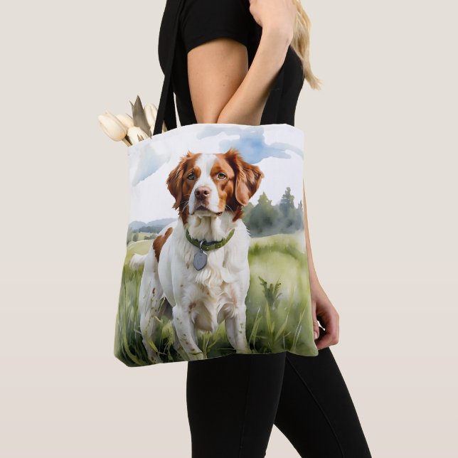RED & WHITE BRITTANY SPANIEL DOG TOTE BAG (Close Up)