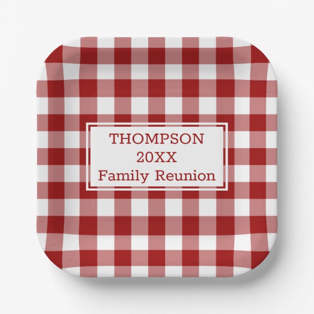 Red White Buffalo Check Family Reunion Paper Plate (Front)