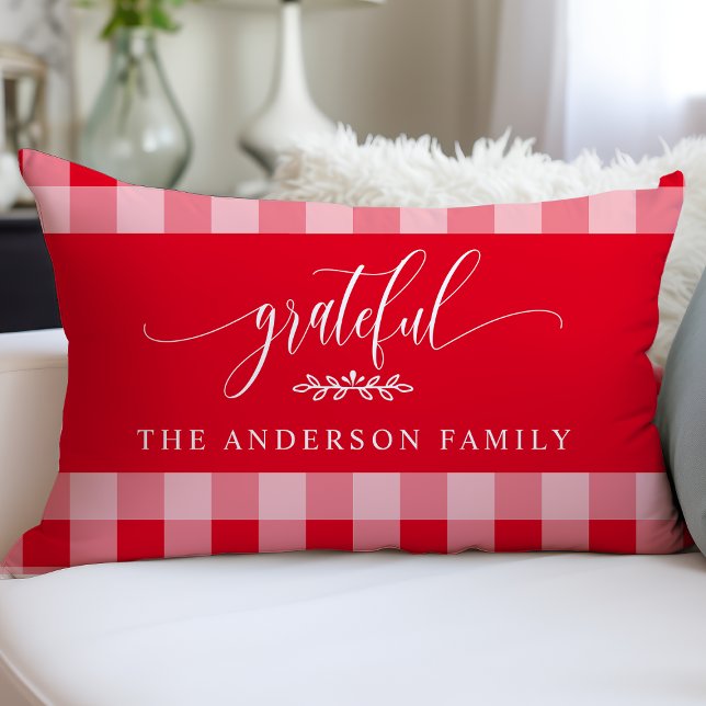 Red & White Buffalo Check Grateful Personalised Lumbar Cushion (Creator Uploaded)