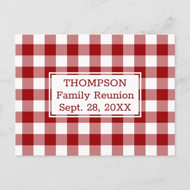 Red White Buffalo Check Name Family Reunion Party Invitation Postcard (Front)