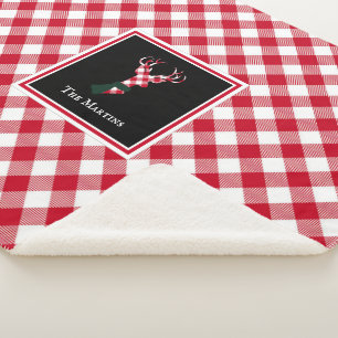Red & White Buffalo Plaid Reindeer Personalised Sherpa Blanket