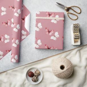 Red White Butterflies Birthday Wrapping Paper