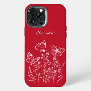 Red & White Butterflies in Wildflowers Monogram iPhone 13 Pro Max Case