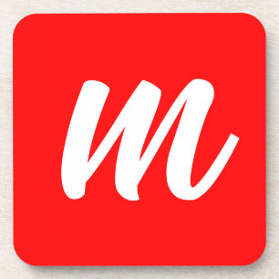 Red White Calligraphy Monogram Initial Letter Coaster