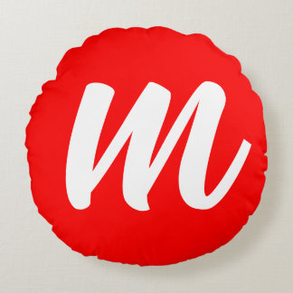 Red White Calligraphy Monogram Initial Letter Round Cushion