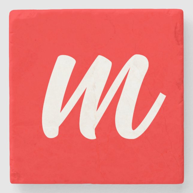 Red White Calligraphy Monogram Initial Letter Stone Coaster (Front)