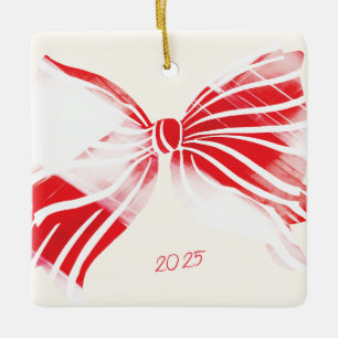 Red White Candy Cane Big Christmas Bow Photo Ceramic Ornament
