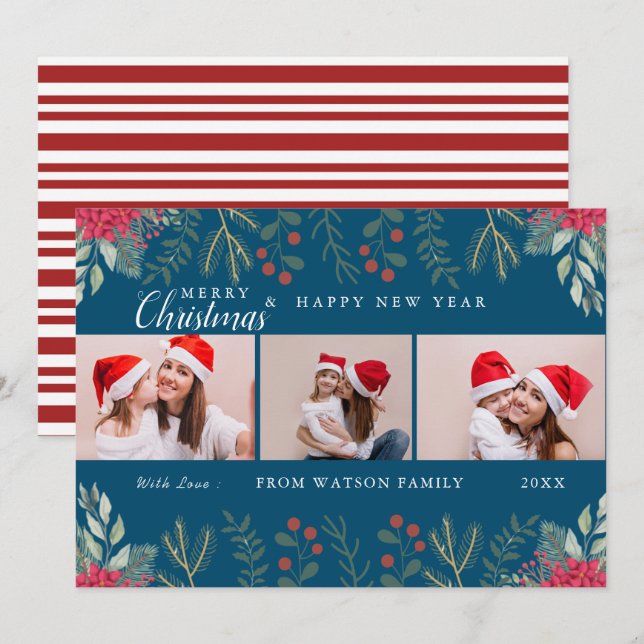 Red & White Candy Cane Holiday Photo Collage Card (Front/Back)