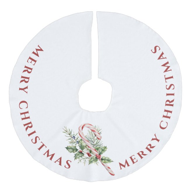 Red & White Candy Cane , Merry Christmas  Faux Linen Tree Skirt (Front)