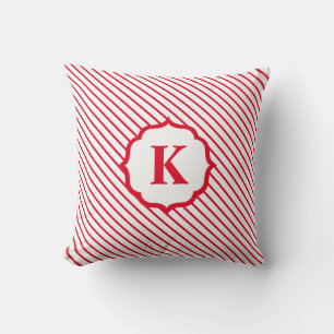 Red White Candy Cane Stripe Monogram Christmas Cushion