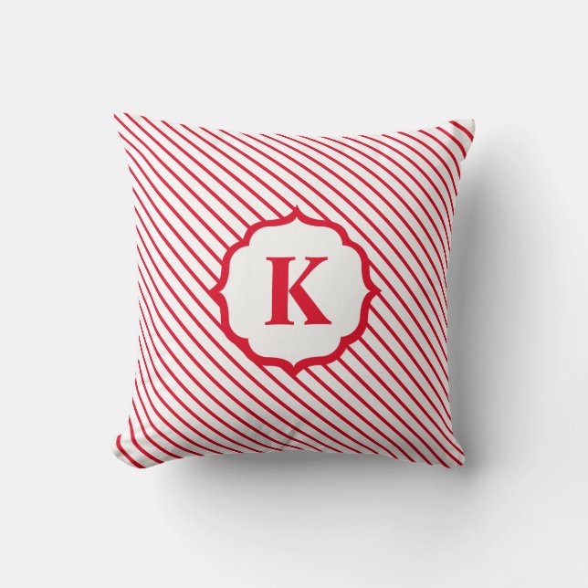 Red White Candy Cane Stripe Monogram Christmas Cushion (Front)