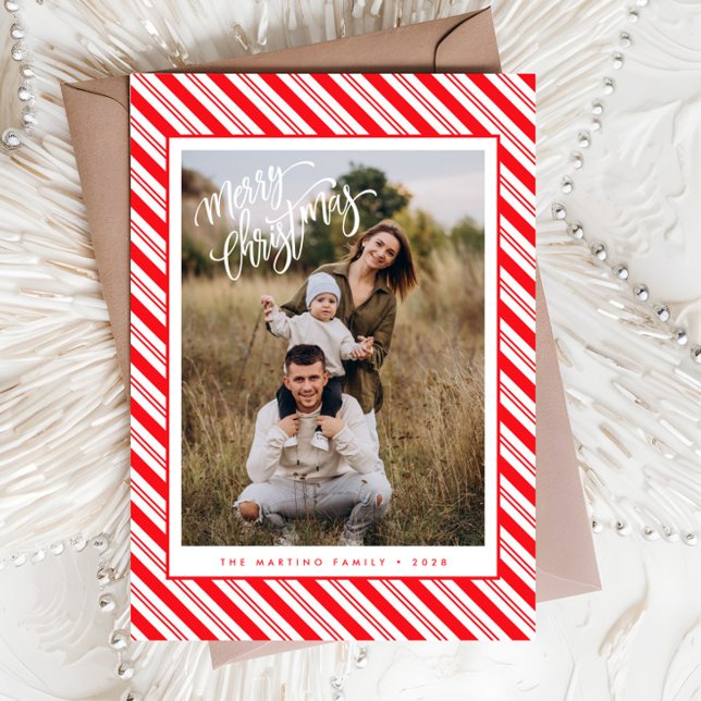 Red White Candy Cane Stripe Photo Christmas Card (Creator Uploaded)