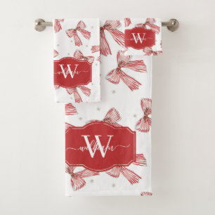 Red White Candy Cane Striped Ribbon Bows Snowflake Bath Towel Set