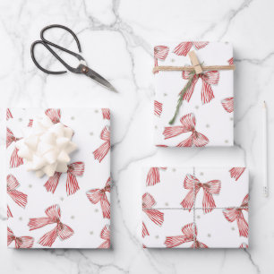 Red White Candy Cane Striped Ribbon Bows Snowflake Wrapping Paper Sheet