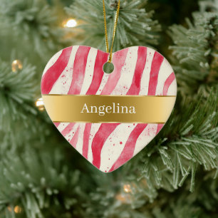 Red White Candy Cane Stripes Gold Ribbon Christmas Ceramic Tree Decoration