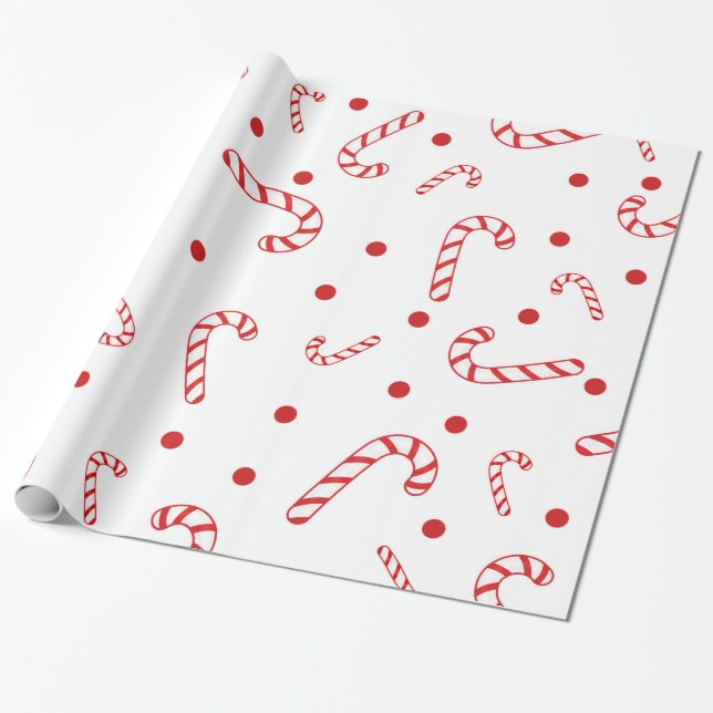 Red White Candy Canes Christmas Holiday Polka Dots Wrapping Paper (Unrolled)
