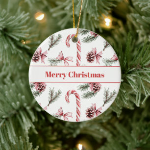 Red White Candy Canes Pine Cones Christmas Ceramic Tree Decoration