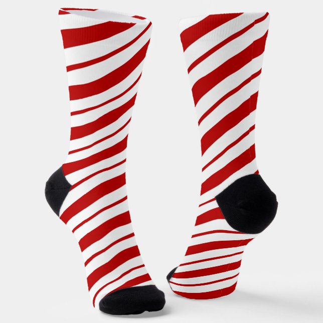 Red & White Candyc Cane Stripes Christmas Socks (Angled)