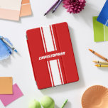 Red White Car Racing Stripes Stylish Monogrammed iPad Pro Cover<br><div class="desc">Create your own custom, personalised, cool, classy, stylish, classic, red and white racing stripes design, white typography / script monogram, trendy, magnetic iPad smart cover that folds into multiple stand positions and features grey microfiber interior that helps protect your screen, and wake / sleep function. To customise, simply type in...</div>
