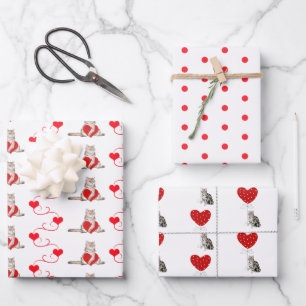 Red & White Cat Assortment of Valentine Gift Wrap