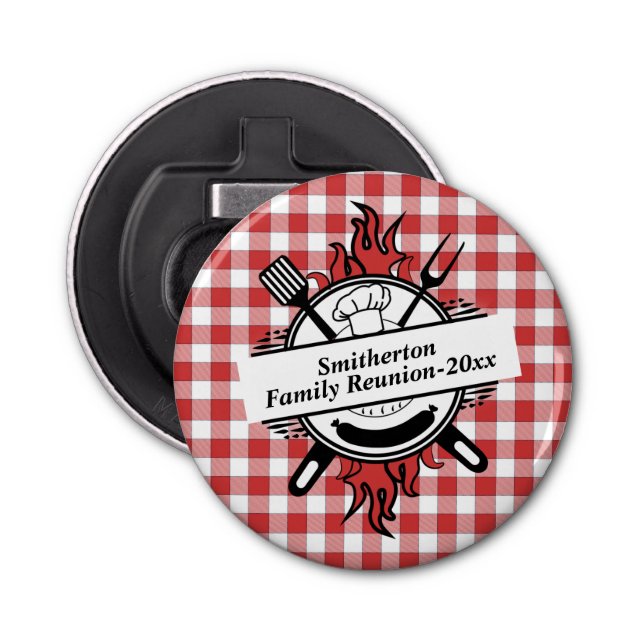Red White Check Barbecue Cookout Family Reunion  Bottle Opener (Front)