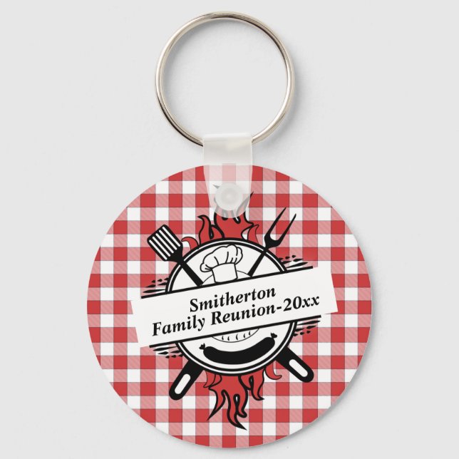 Red White Check Barbecue Cookout Family Reunion   Key Ring (Front)