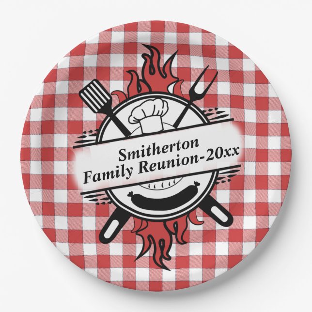 Red White Check Barbecue Cookout Family Reunion   Paper Plate (Front)