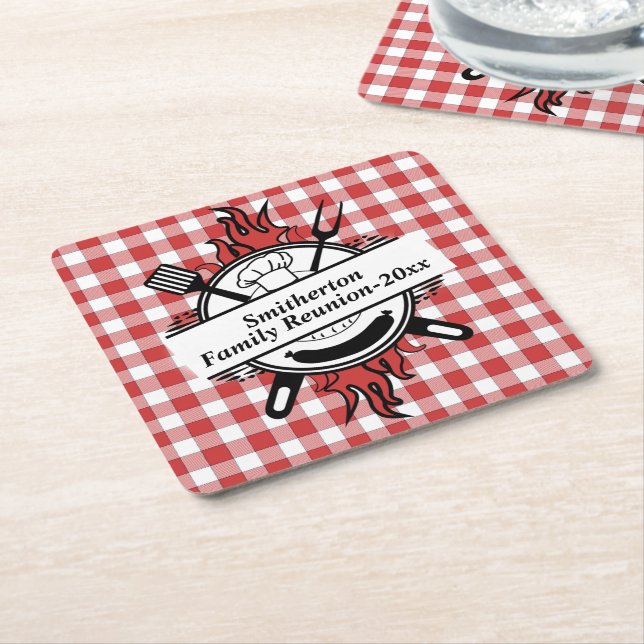 Red White Check Barbecue Cookout Family Reunion  Square Paper Coaster (Angled)