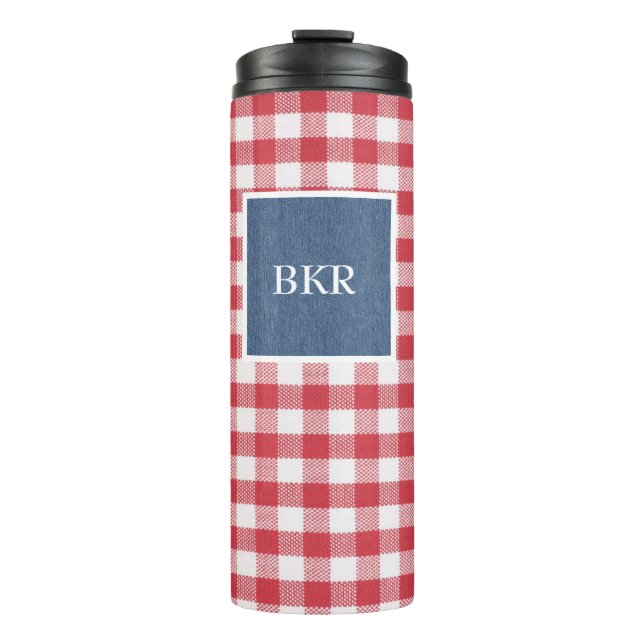 Red & White Check Blue Denim Name Frame 12oz Thermal Tumbler (Front)