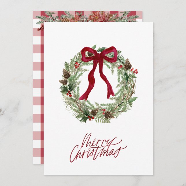 Red White Check Plaid Christmas Wreath Bow Photo Holiday Card (Front/Back)