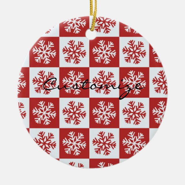 Red/white check snowflake pattern Thunder_Cove Ceramic Tree Decoration (Front)