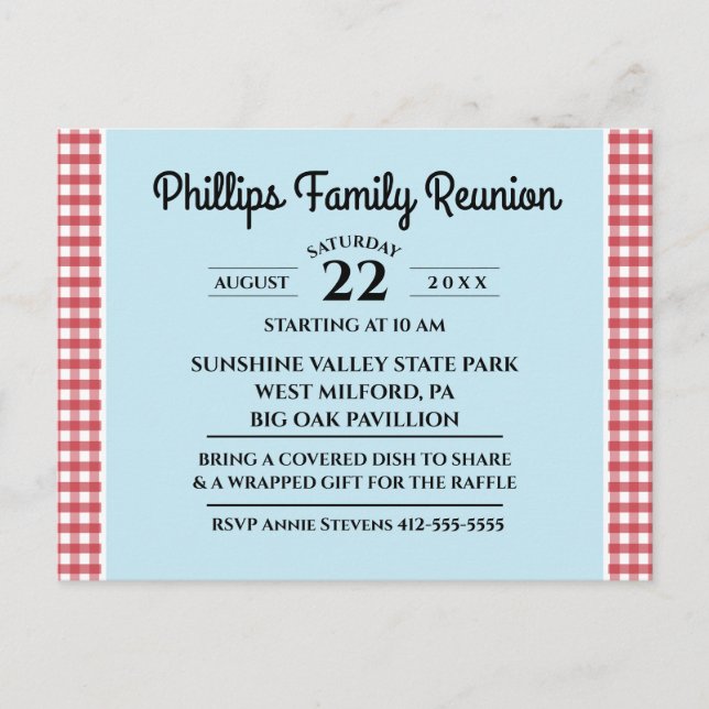 Red & White Checked Tablecloth Blue Family Reunion Invitation Postcard (Front)
