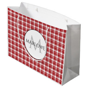Red White Checks Plaid Monogram Large Gift Bag