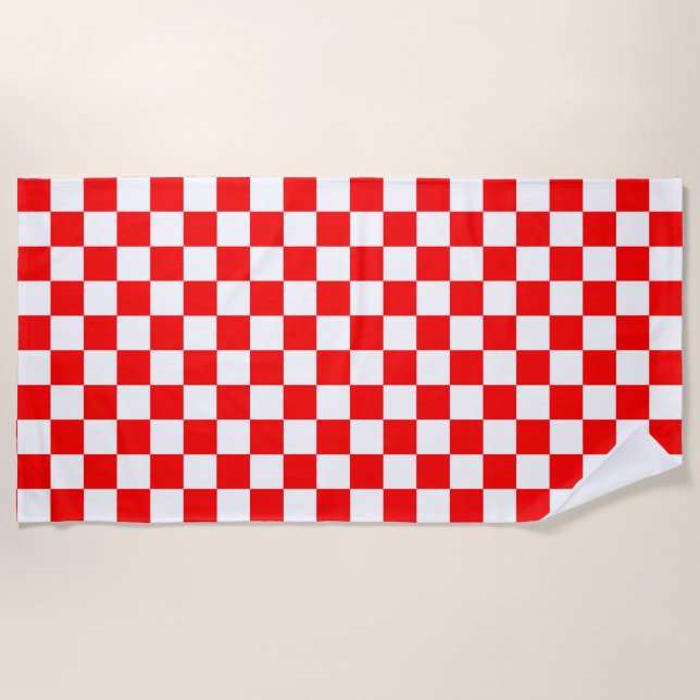 Red White Chequered Check Pattern Beach Towel (Front)