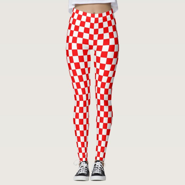 Red White Chequered Check Pattern Leggings (Front)
