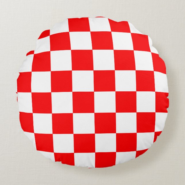 Red White Chequered Check Pattern Round Cushion (Front)