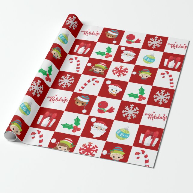 Red White Chequered Christmas Xmas Cartoon  Wrapping Paper (Unrolled)