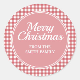 Red White Chequered Gingham Pink Merry Christmas Classic Round Sticker