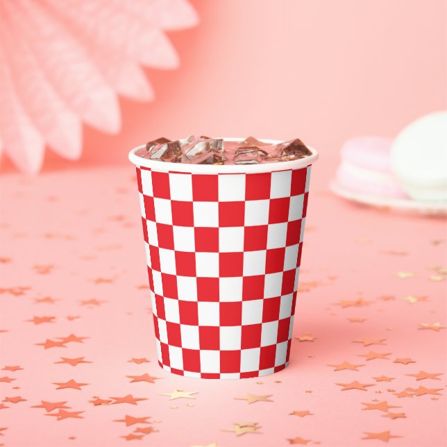 Red & White Chequered Squares Party Checks Paper C Paper Cups (Insitu)