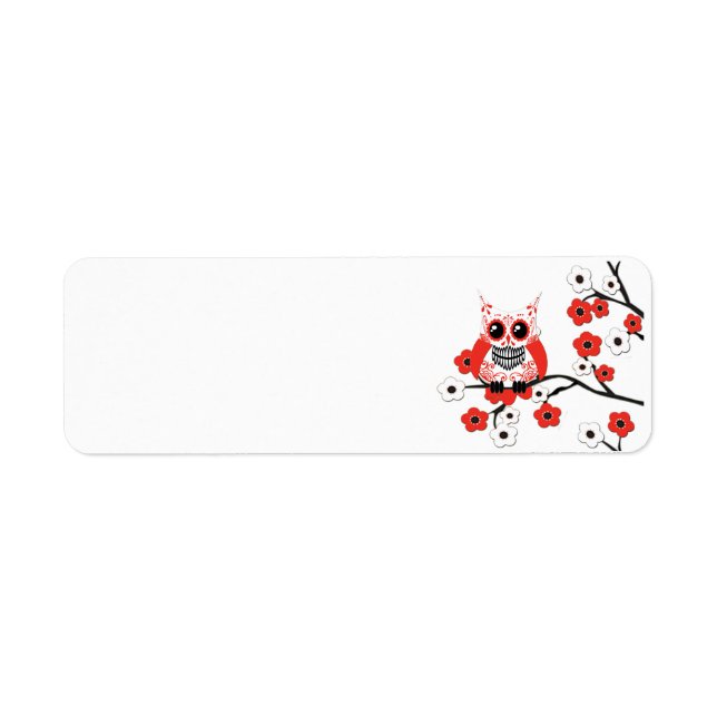 Red White Cherry Blossom Owl Label (Front)