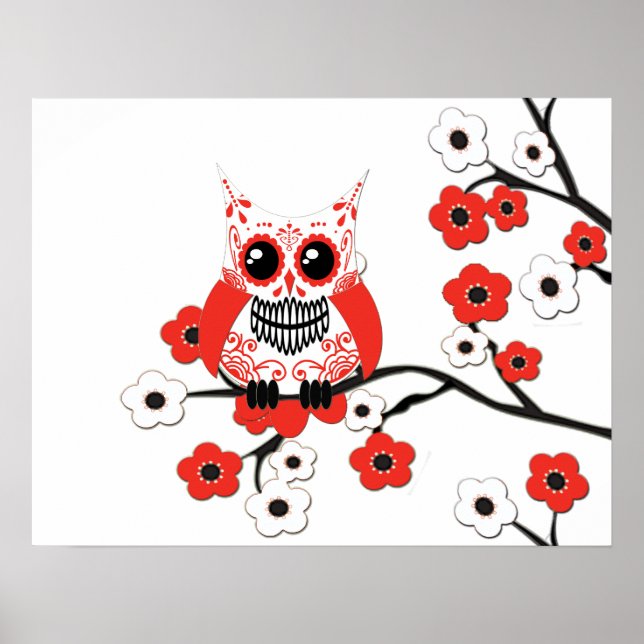 Red White Cherry Blossom Owl Poster (Front)