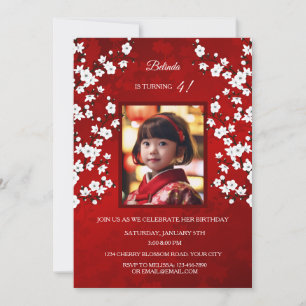 Red White Cherry Blossom   Photo Girl's Birthday Invitation