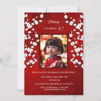 Red White Cherry Blossom | Photo Girl's Birthday Invitation